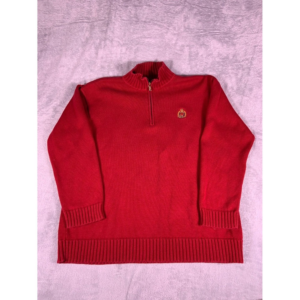 Lauren Ralph Sweater Womens XL Red Crest Quarter Zip Pullover Heavyweight Logo